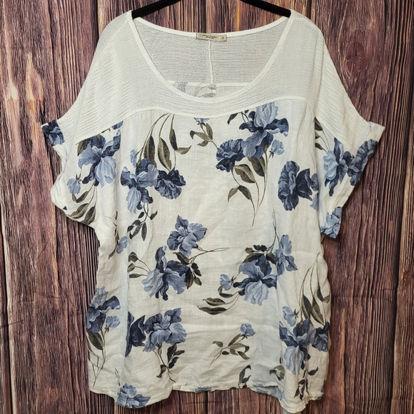 Lungo L'Arno Tops - Lungo Larno 100% Linen Crochet Gauze Top Blouse Plus Size 3X Italian Floral Blue